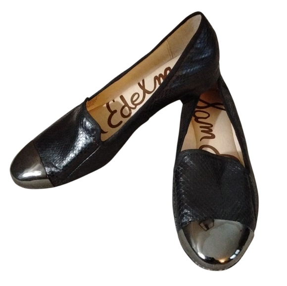 NEW SAM EDELMAN Aster Black Metallic Cap Toe Flats Snake Embossed Loafer Sz 5.5 - Picture 1 of 10